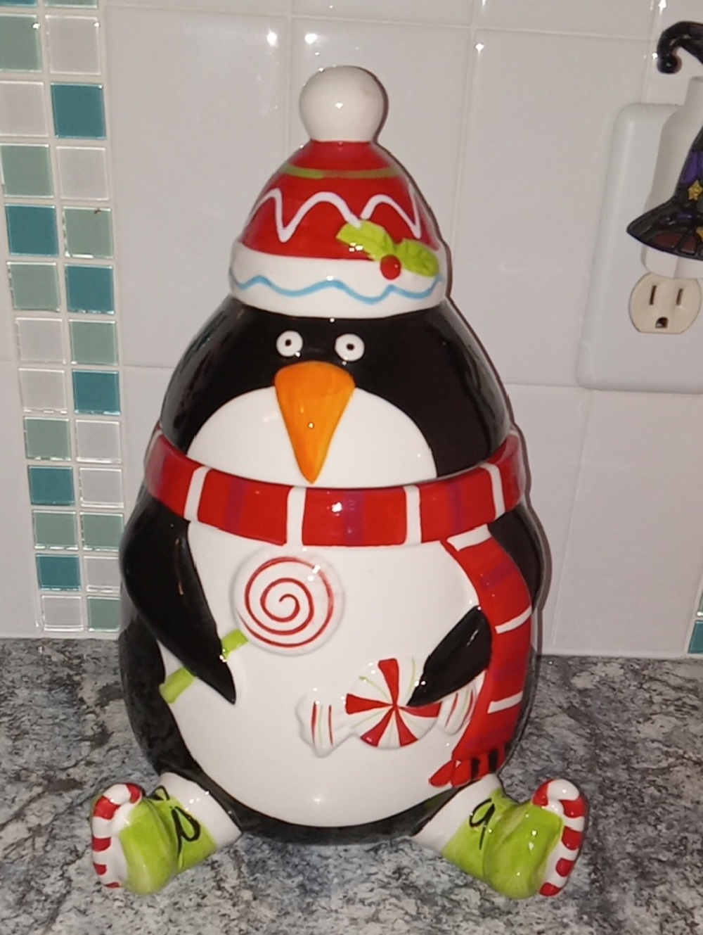 Pier 1 Red, Green, White Festive Penguin Cookie Jar